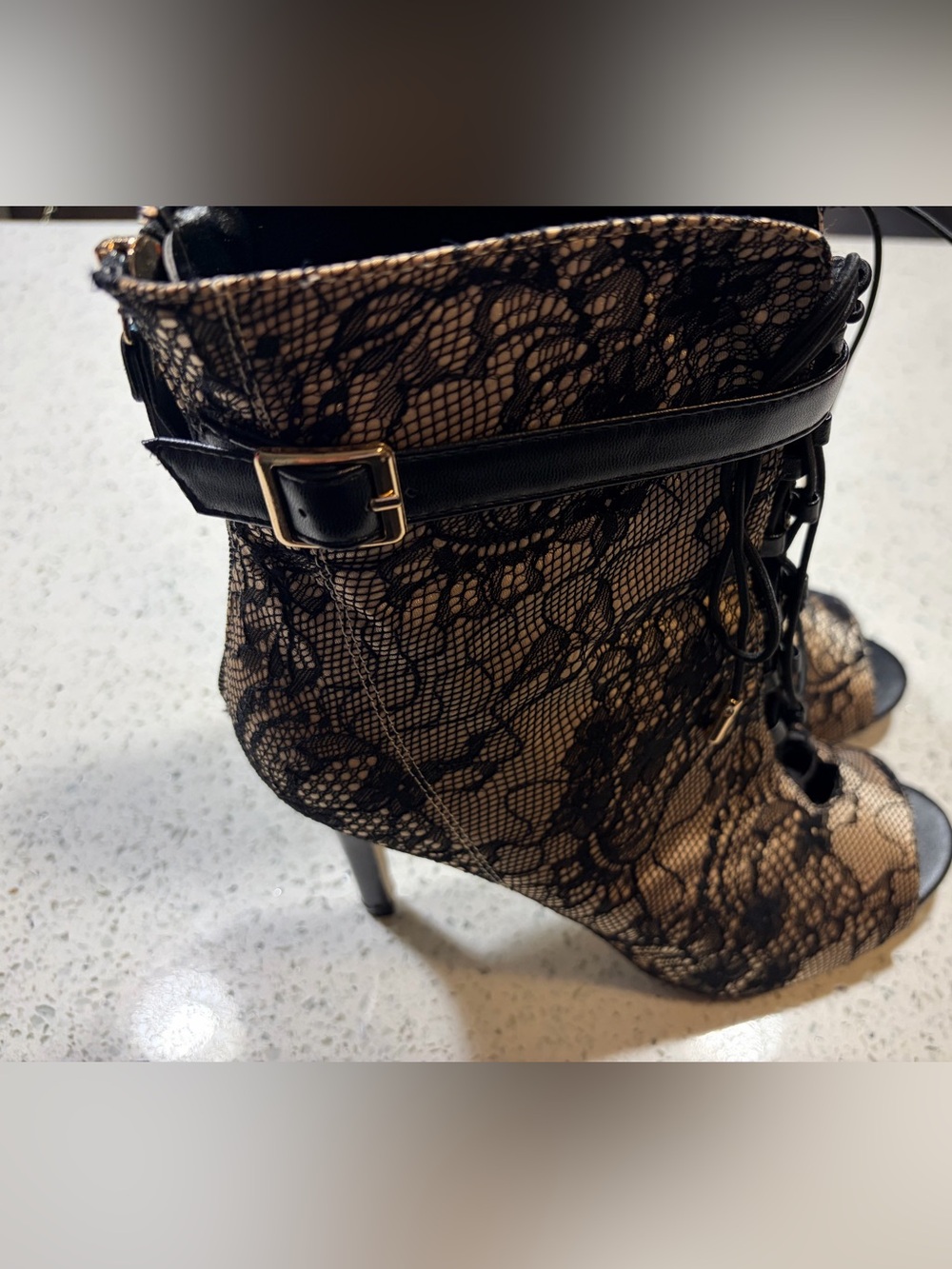 Lace Overlay Peep-Toe Stiletto Booties in Nude/Black - Picture 5 of 5